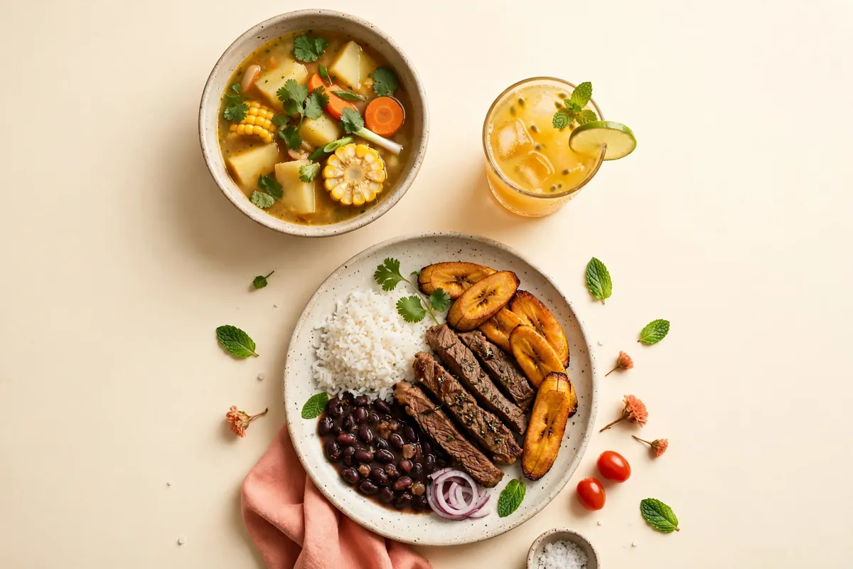 A Colombian lunch with soup and juice