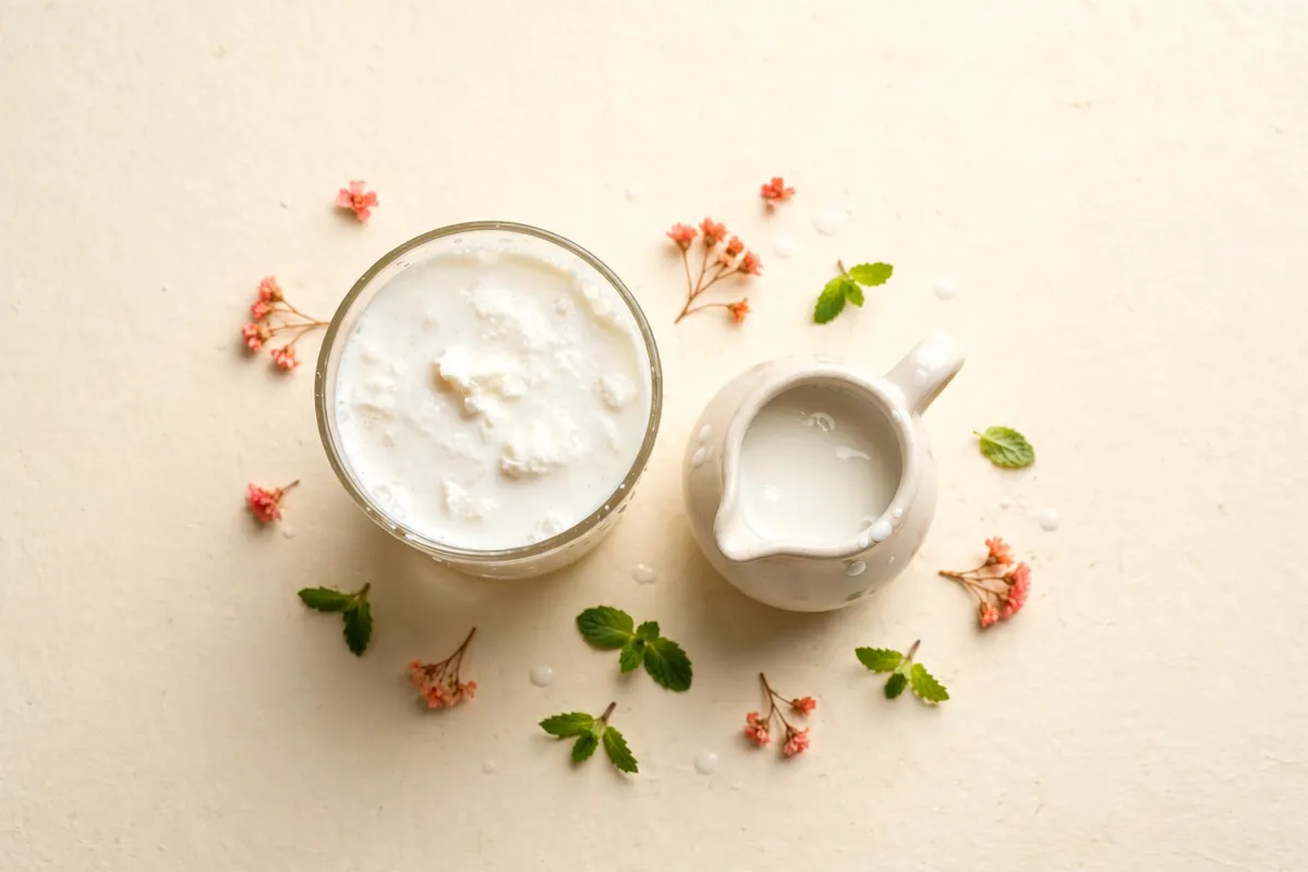 Glass of thick white kumis (fermented milk drink) beside a small jug