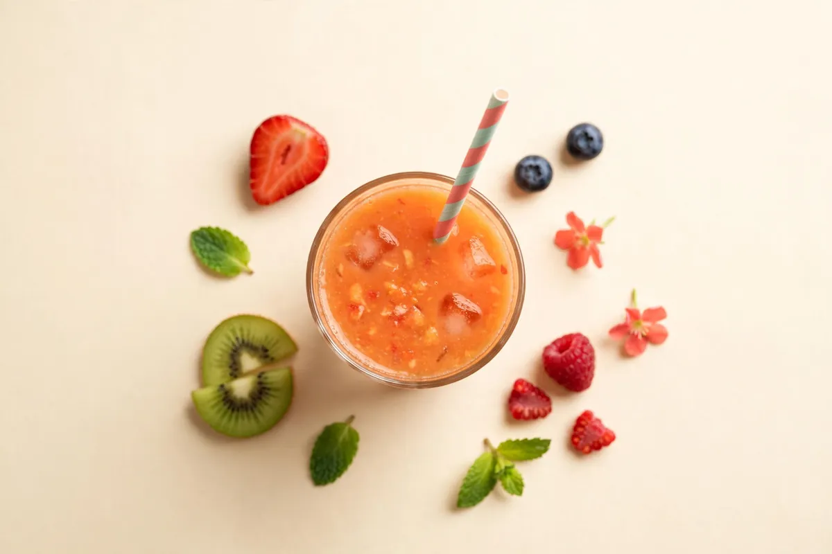 Single glass of fresh fruit juice with a striped paper straw and a few fruit pieces around it