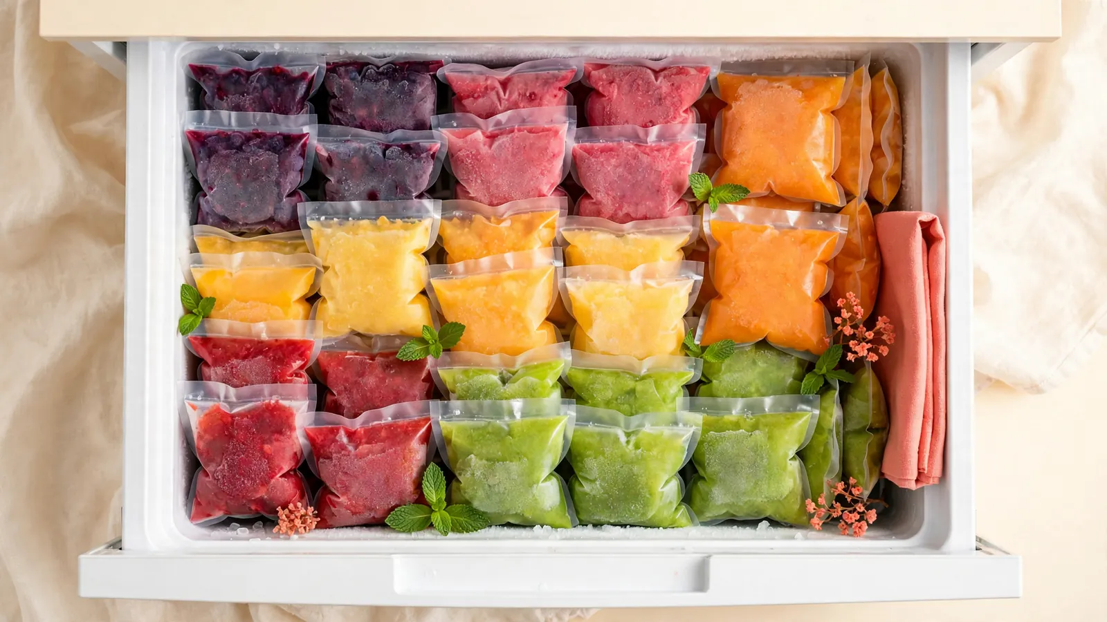 Frozen pulp bags in a freezer