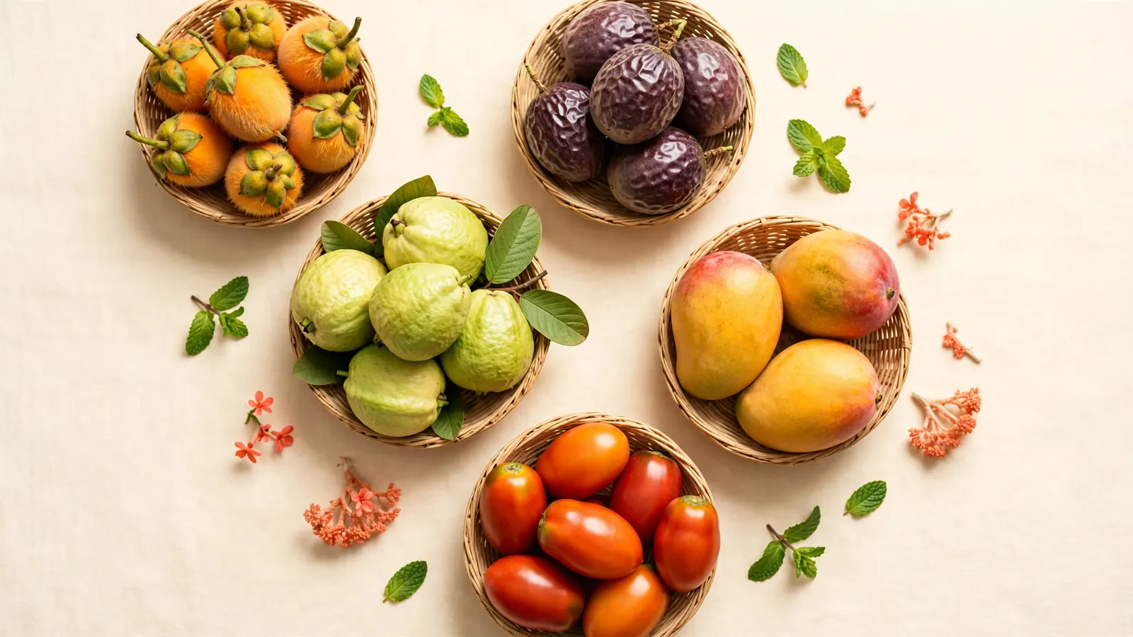 Tropical fruit in baskets